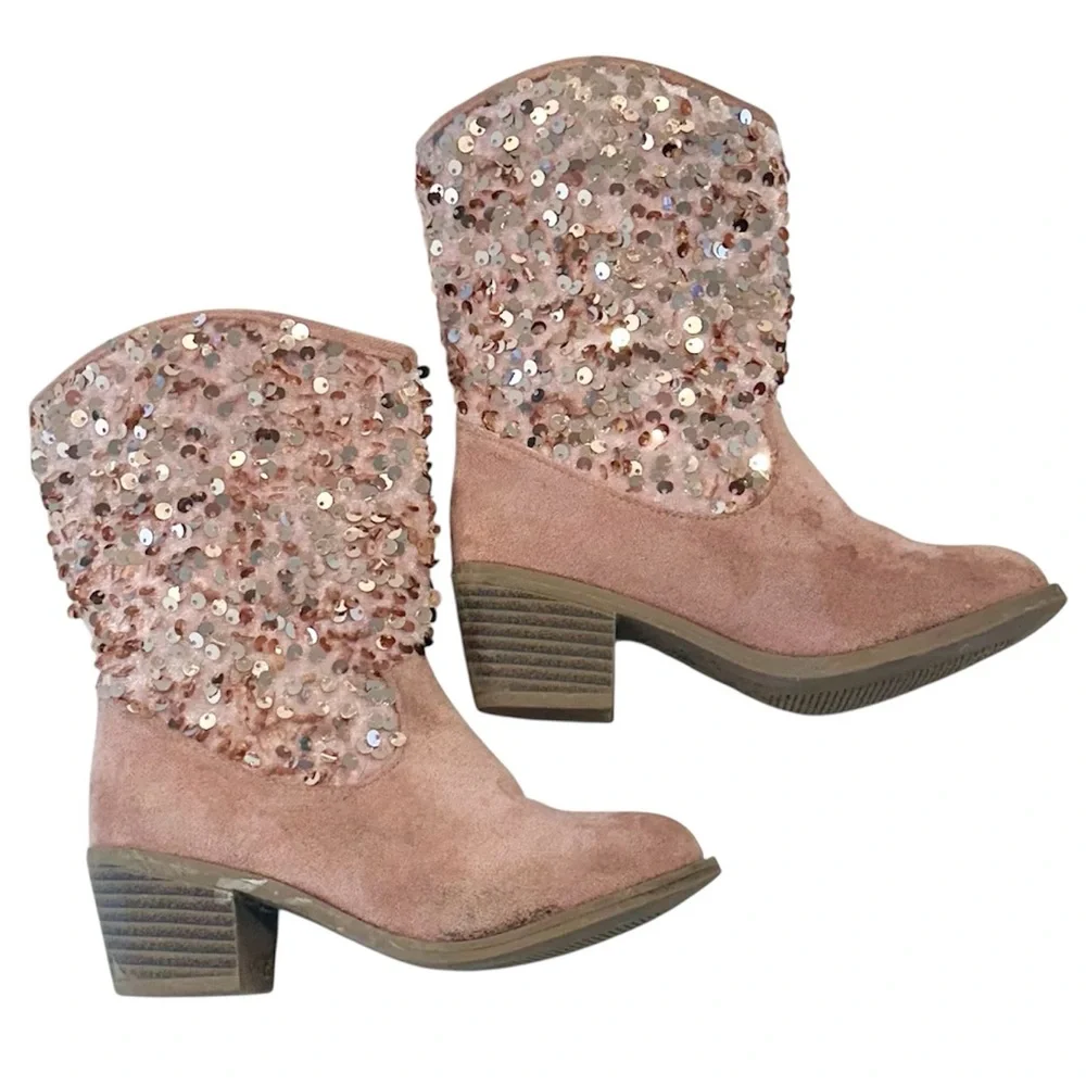 Girls Cowgirl Sequin Embellished Pink Ankle Boots